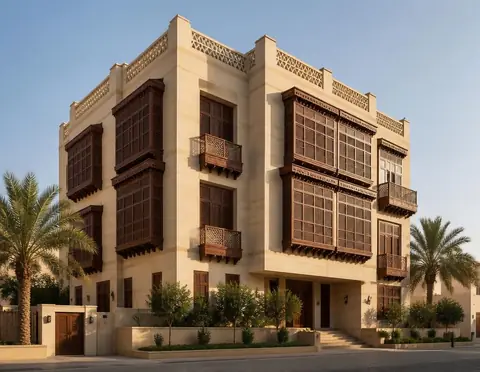 تصوّر لعمارة سكنية بواجهة حجرية ورواشين